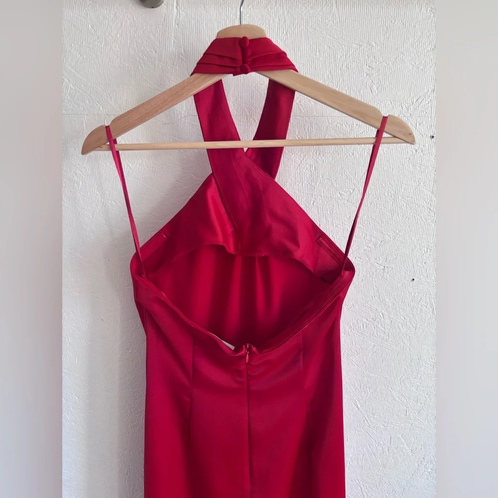 NWT BHLDN Anthropologie Red Halter Open Back Satin Effect Maxi Gown Dress - Picture 10 of 11